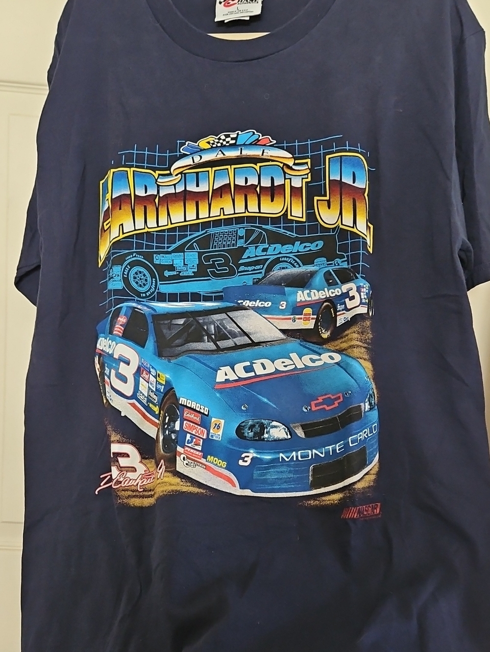 Chase Authentics Navy Tee with Red Logo. Dale Jr